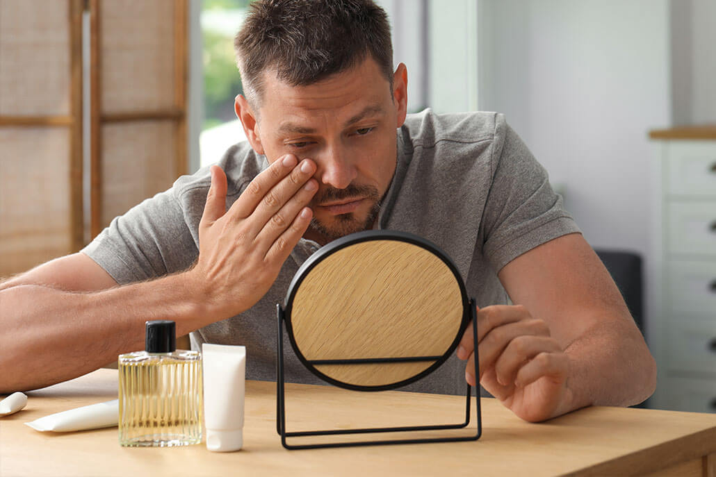 Exhausted man looks in mirror at his bloodshot eyes. Addiction treatment in New York, NY can help you to cope with symptoms of addiction. Learn more about drug addiction treatment from a substance abuse counselor in New York, NY today. 10022