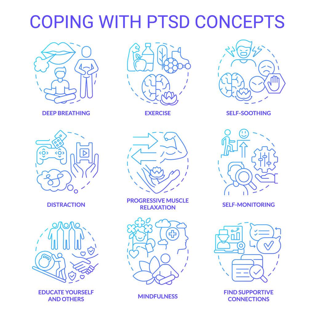 A graphic showing different exercises to help with “coping with PTSD concepts”. Learn how PTSD treatment in NYC, Manhattan can offer support by contacting a PTSD therapist in New York, NY. 
