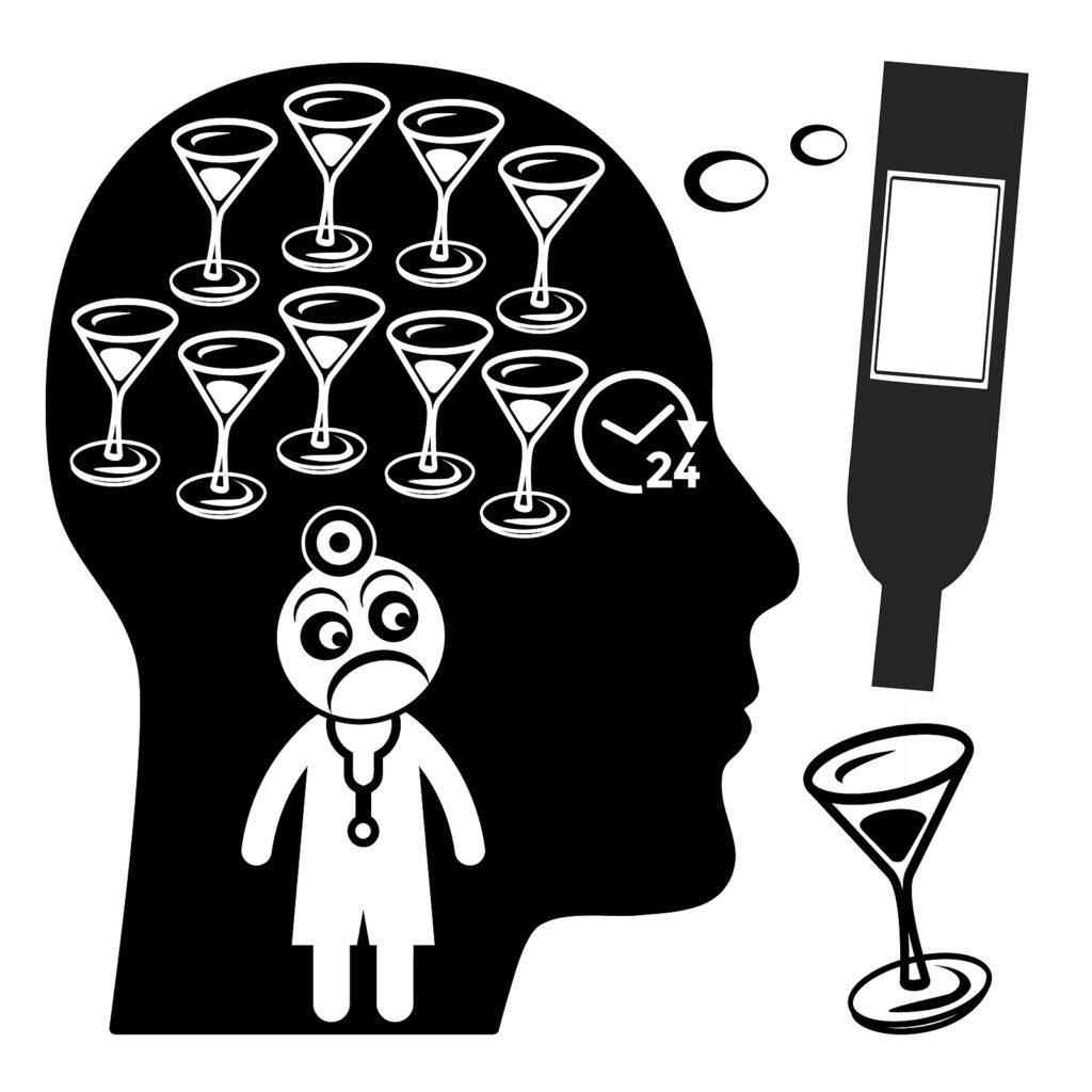 A graphic of an upset doctor in the mind of a person thinking about drinking. Learn how alcohol addiction treatment in New York, NY can help you overcome addiction. Contact an adult psychiatrist in New York, NY for alcohol treatment and more. 
