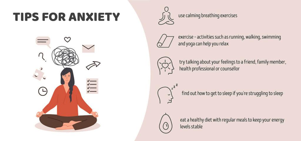 A graphic of a person meditating with the text tips for anxiety above them. The tips include: using calming breathing exercises, exercise such as running, walking, swimming and yoga, and trying to talk about your feelings to a friend, family member, or mental health professional  Learn about managing anxiety and it’s relation to alcohol treatment in New York, NY. Search for “alcohol addiction help in New York, NY” today.
